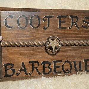 Vintage 1970s Handpainted Wooden Barbeque Wall Sign with Star Accent COOTERS BBQ